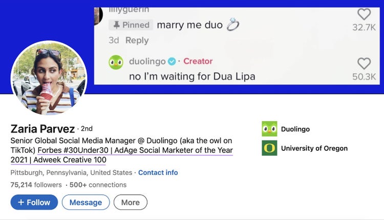 Duolingo’s senior global social media manager Zaria Parvez's LinkedIn profile