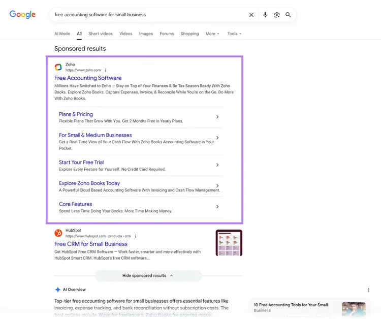 Google search results page with a Zoho sponsored PPC ad for free accounting software