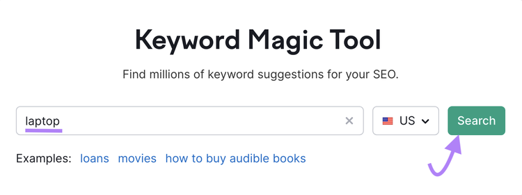 "laptop" entered into Keyword Magic Tool search bar