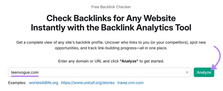 Backlinks tool start screen with teenvogue.com entered and arrow pointing to Analyze.