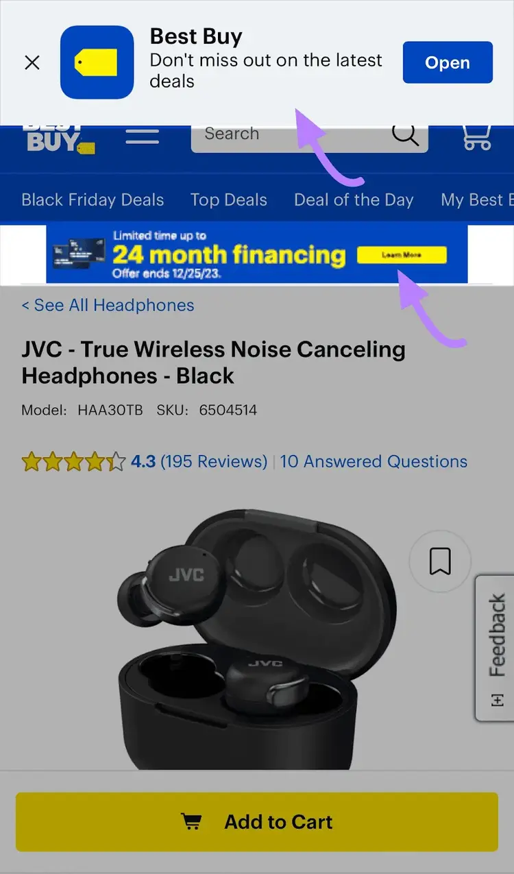 Best Buy product page for noise-canceling headphones with two mobile banner ads at the top of page