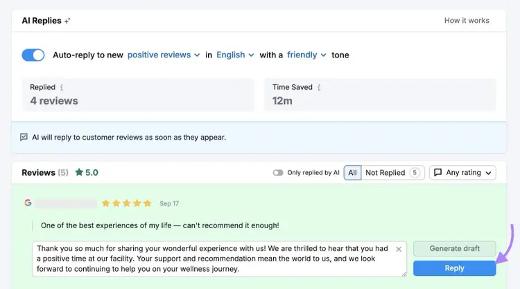 The option to respond to Google reviews on the Review Management tool with an AI-generated response.