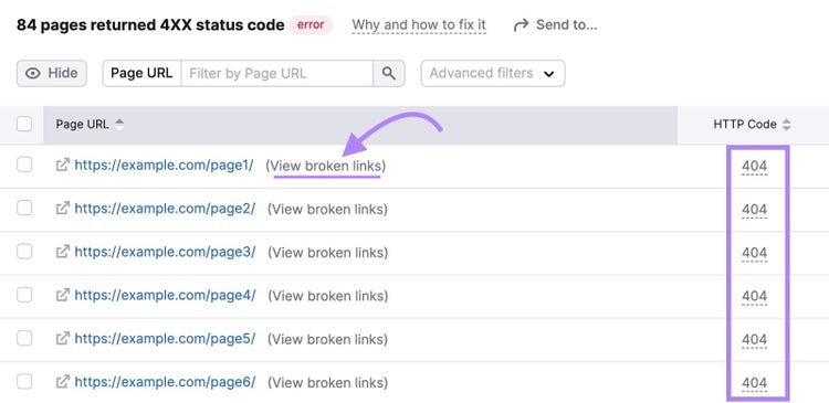 Site Audit results for pages that returned 4XX status code.