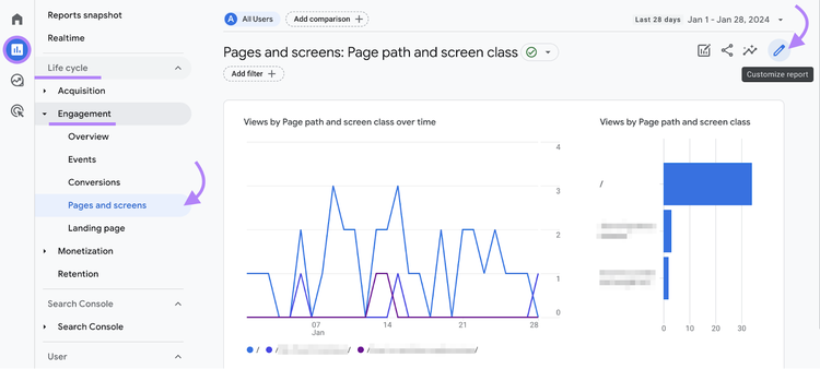 Pages and screens report in GA4