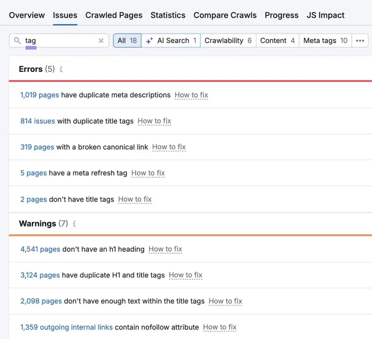 "tag" entered on the "Issues" tab of the Site Audit tool showing a list of related errors and warnings.