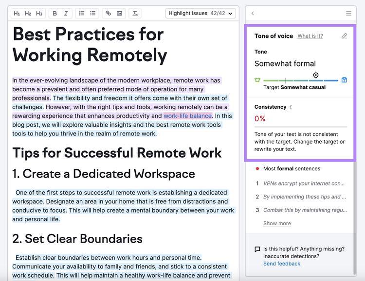 "Tone of voice" score summary in SEO Writing Assistant