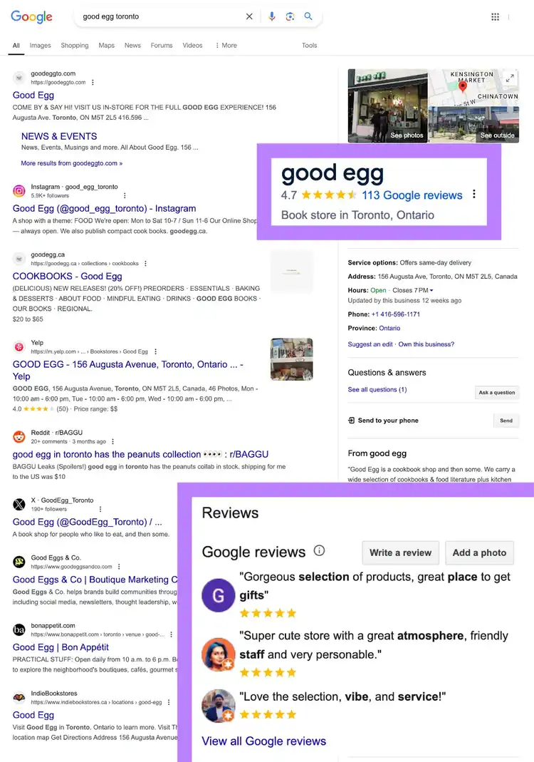 a google business profile on the SERP with star rating and number of review highlighted beneath the business name as well as the reviews sections at the bottom of the profile