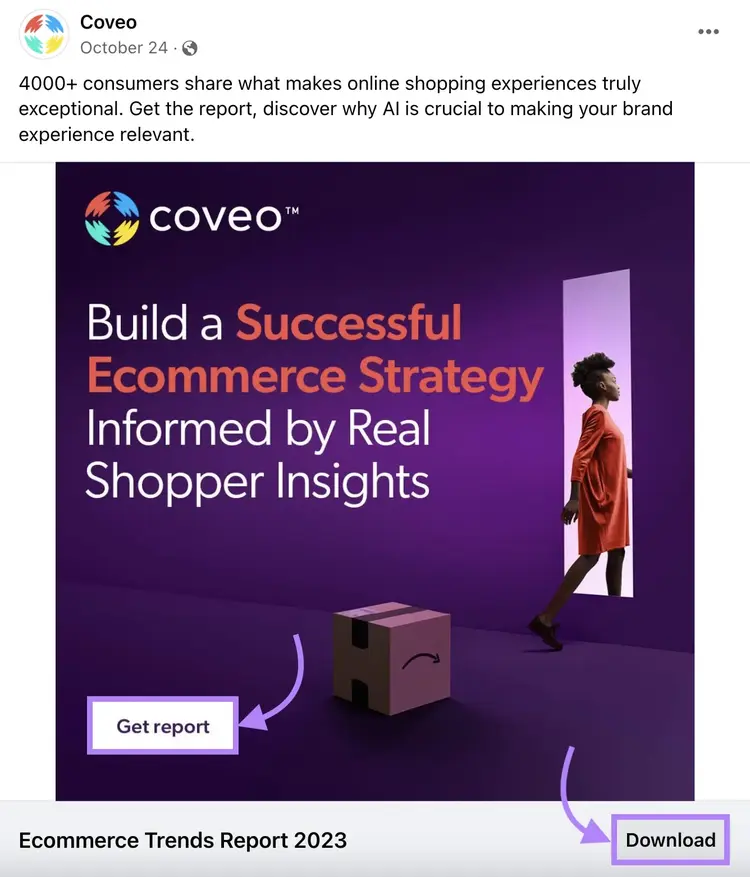 "Get report," and "Download" CTAs highlighted in Coveo's Facebook ad