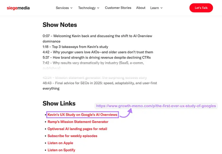 Podcast show notes page with an arrow pointing to a highlighted external link.