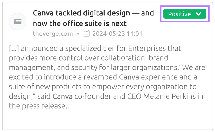 Section from Media Monitoring App showing a news article from theverge.com, dated May 23, 2024, marked as "Positive."