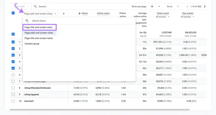 Dropdown showing Page title and screen class highlighted as primary dimension