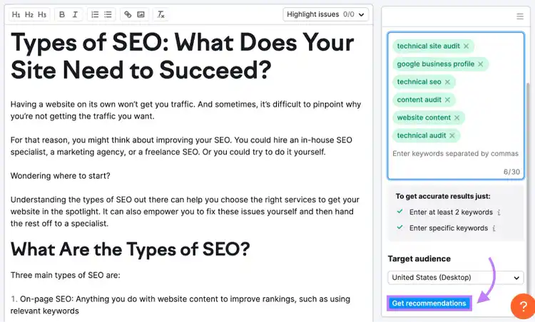 Content and keywords added to SEO Writing Assistant editor