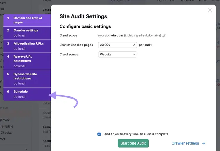 "Schedule" tab highlighted in the "Site Audit Settings" window