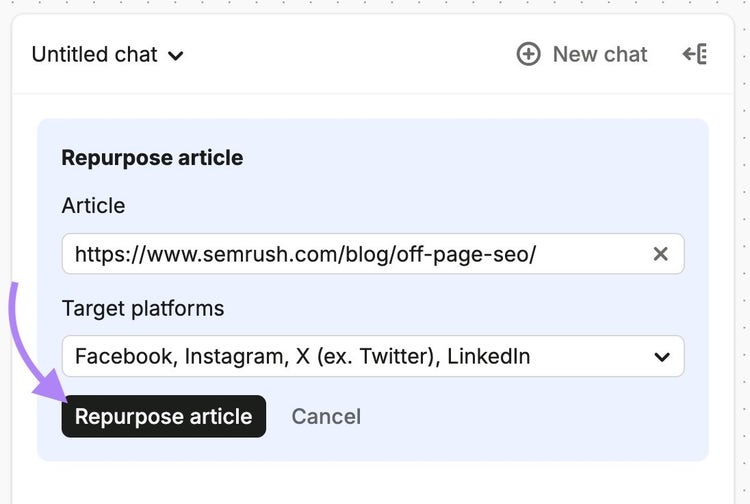 Content toolkit settings with an article URL entered, target platforms selected, and "Repurpose article" clicked.
