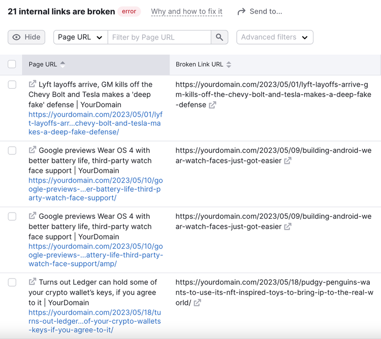 a list showing 21 internal links that are broken
