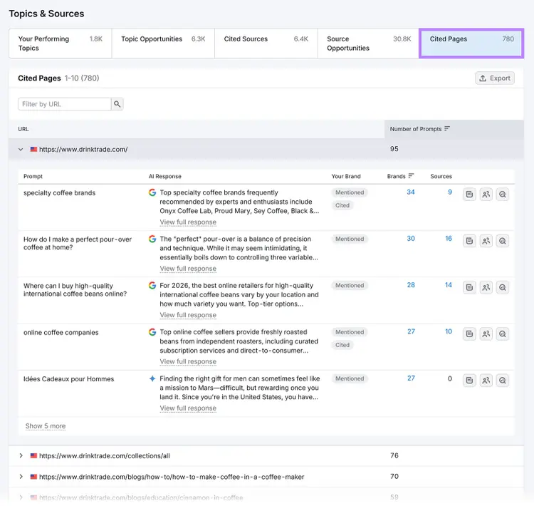 Cited pages dashboard listing top-performing URLs mentioned in AI-generated responses and prompts