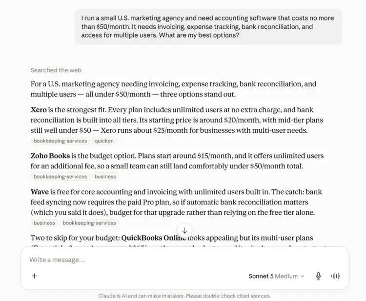 Claude recommends Xero, Zoho Books, and Wave for a U.S. marketing agency needing accounting software under $50 per month