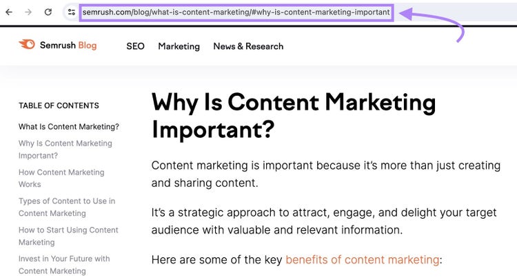 Screenshot: Browser URL bar showing hash anchor link example for blog section jump link