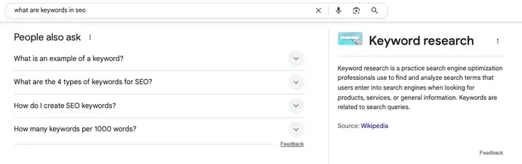 Google search result showing People also ask questions and keyword research snippet.