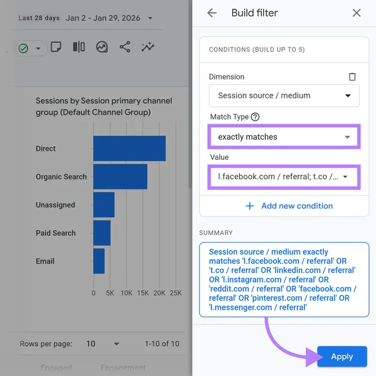 Filter builder showing exact match conditions for social referral sources with Apply button highlighted.