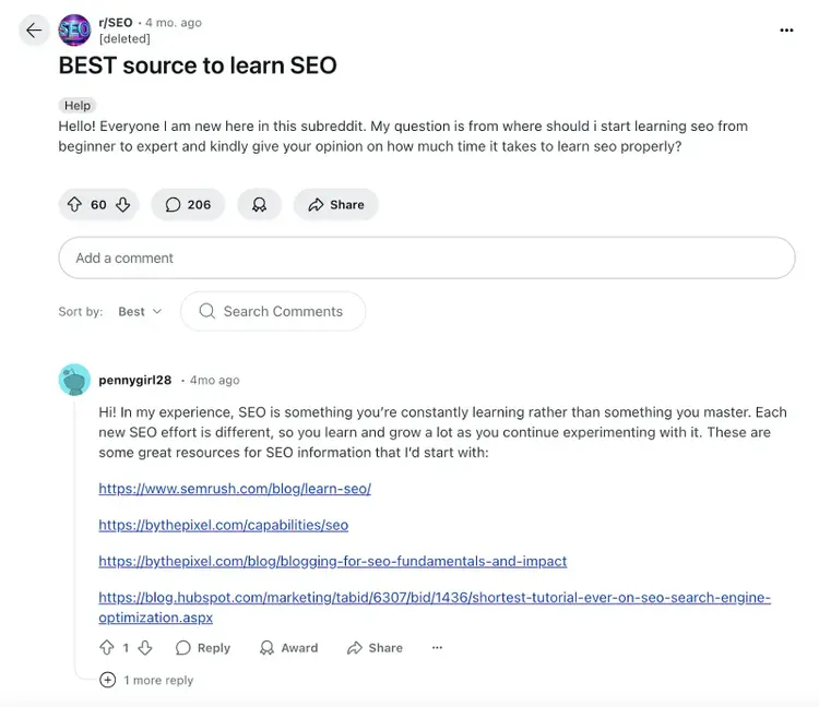 Reddit post on best source to learn seo with user reply