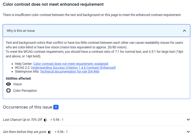 Siteimprove Accessibility Checker displaying color contrast issue details and WCAG requirements