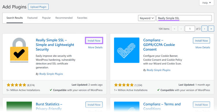 Add Plugins page with 'Really Simple SSL' in search bar and 'Install Now' button highlighted in plugin results