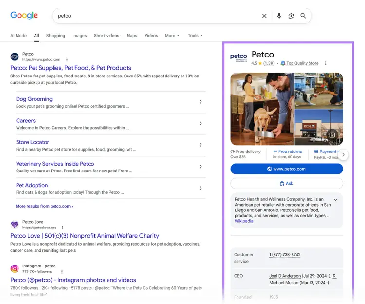 Google results for Petco with an organization knowledge panel showing its logo, rating, images, services, and company details