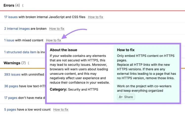 The "Issues" tab on Site Audit with "How to fix" next to an issue clicked showing more information on how to address it.