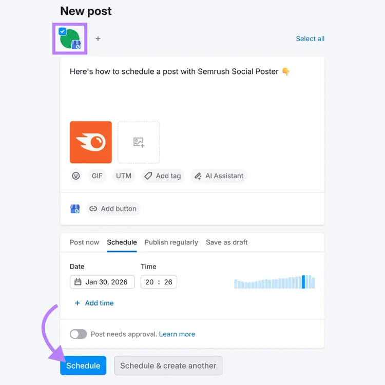 New post composer with profiles selected, post text added, and scheduling options visible before publishing.