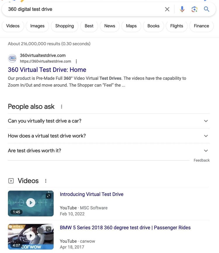 Google SERP for "360 digital test drive" query