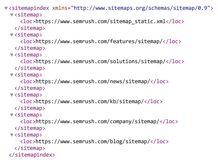 XML sitemap index file listing multiple Semrush sitemap URLs for site sections and content categories