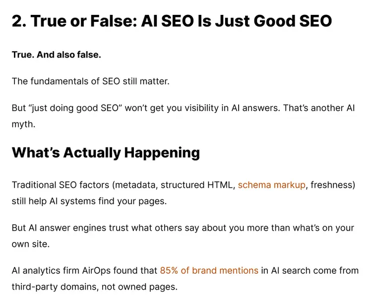 Blog section labeled ‘True or False’ breaking down an AI SEO myth with clear explanations.