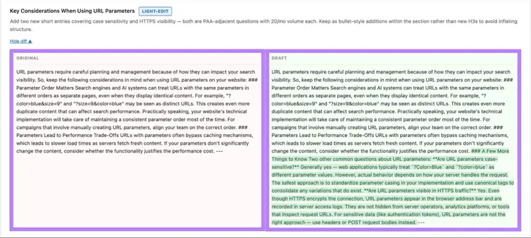 A side-by-side comparison of original versus draft with new URL parameter guidance added to an existing content section.