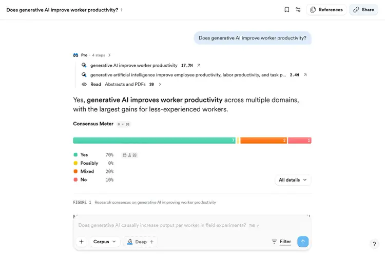 Consensus AI response on worker productivity with a consensus meter summarizing findings from research studies