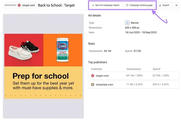 "See full campaign report," and "Campaign landing page" buttons highlighted on an ad page in AdClarity
