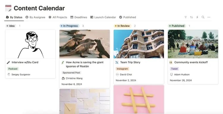 Notion content calendar has cards in columns like Idea, in progress, in review, and published with colorful tags noting the type of content
