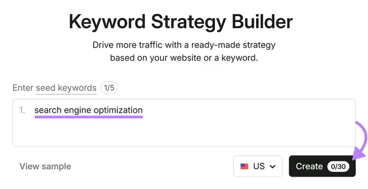 Semrush Keyword Strategy Builder with “search engine optimization” entered as the seed keyword