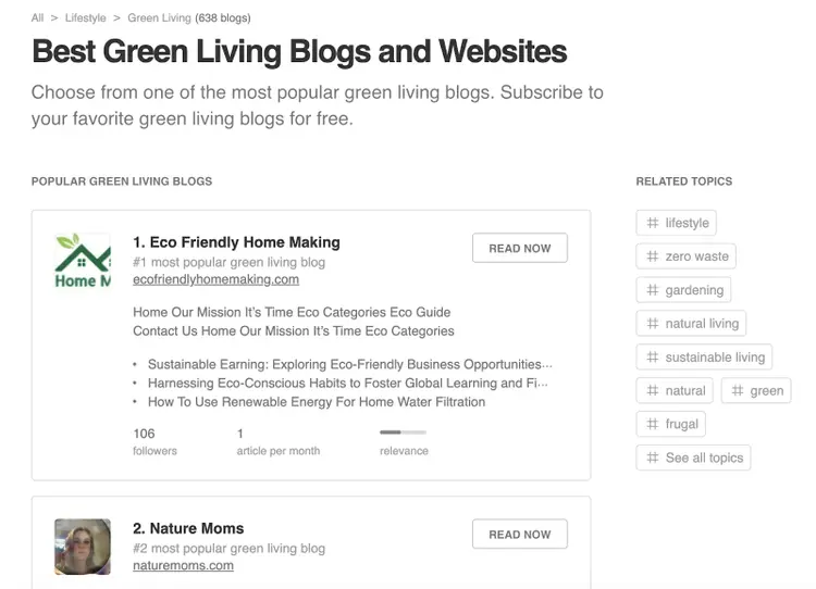 Feedly's site showing best green living blogs and websites