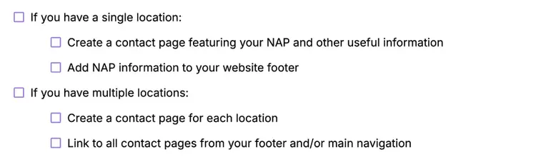 Local SEO checklist for adding NAP information to website
