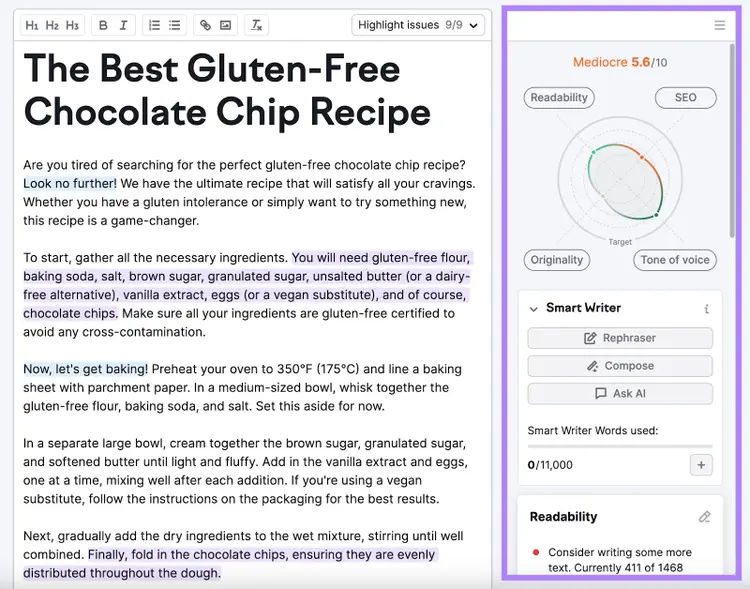 An article titled "The Best Gluten-Free Chocolate Chip Recipes" and the content's score shown in SEO Writing Assistant editor