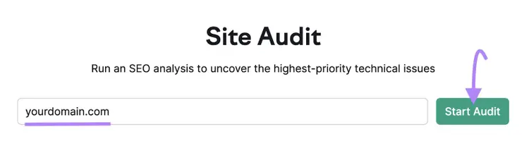 Semrush Site Audit interface with domain input field and green Start Audit button for running SEO analysis