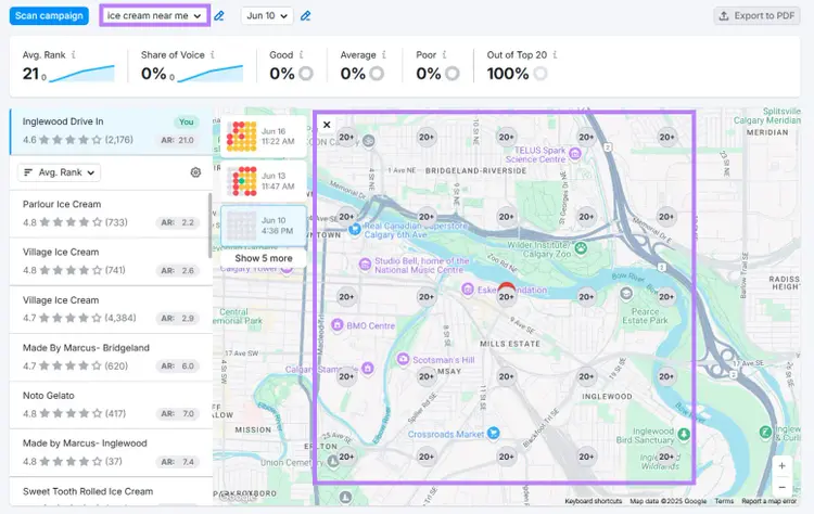 Local map rank tracker showing “ice cream near me,” average rank, and map area with multiple ranking pins