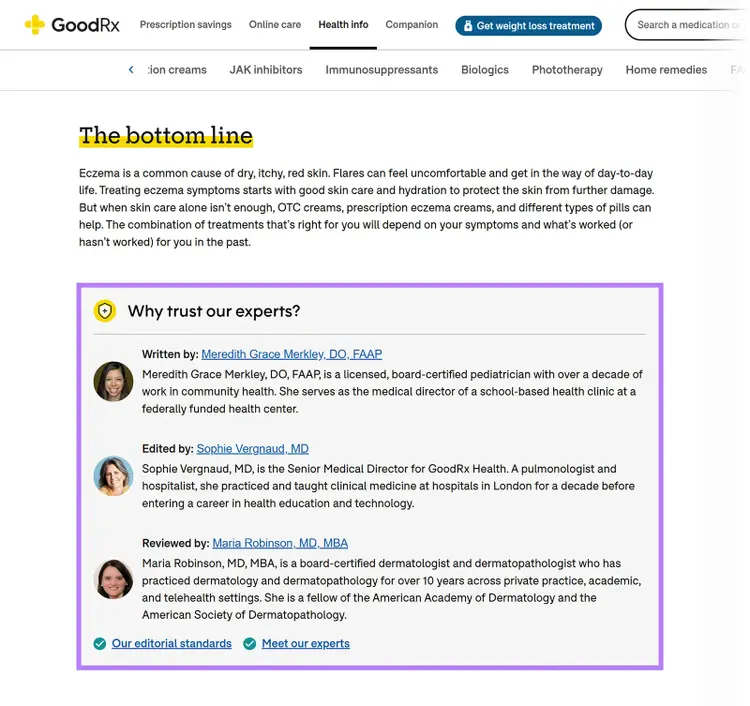 GoodRx article showing expert author, editor, and reviewer credentials for eczema treatment content