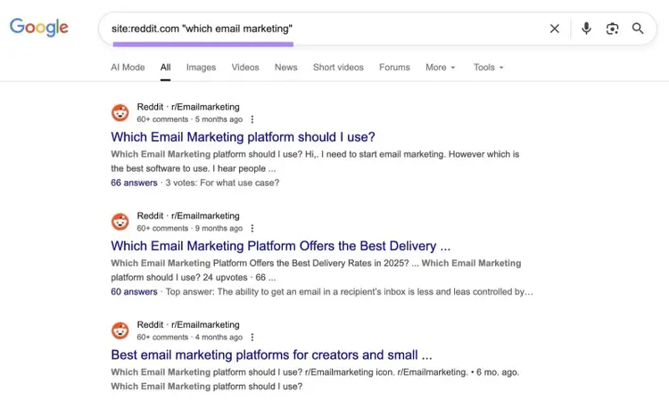 Using an exact phrase site search syntax to find Reddit discussions with a specific phrase.