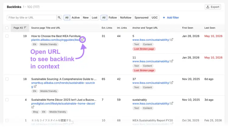 Backlink report highlighting the option to open a source URL and view the backlink in context