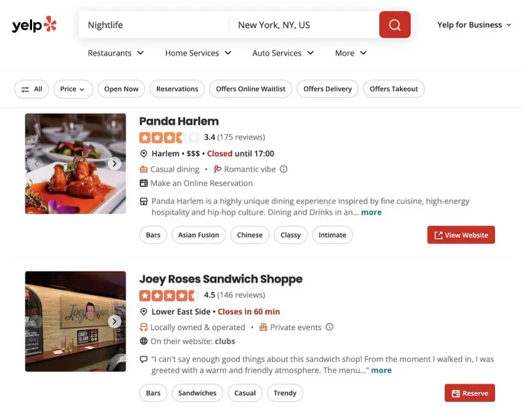 A programmatically generated page on Yelp for "Nightlife in New York" showing business listings with their address, hours, and ratings.