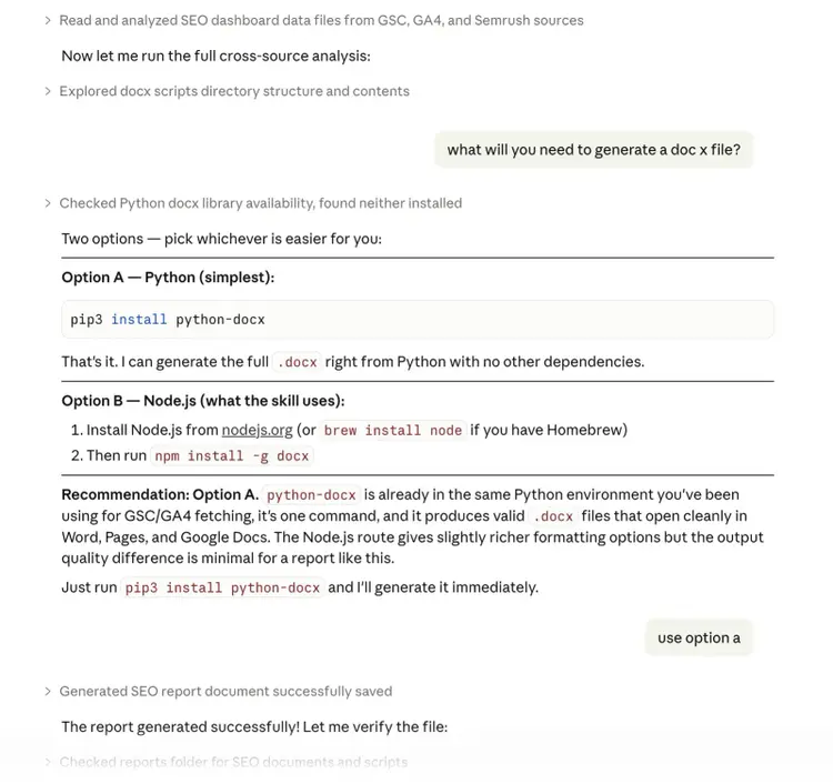 Claude Code generates SEO report document after analyzing GSC, GA4, and Semrush data with Python docx setup