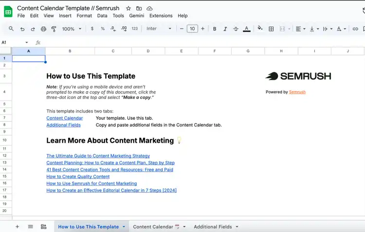 First page of a Semrush content calendar template in Google Sheets.