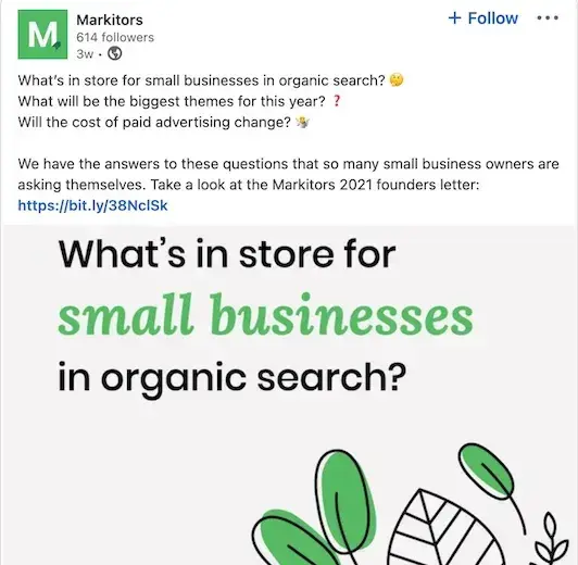 Markitors LinkedIn ad asking about organic search and advertising for small businesses